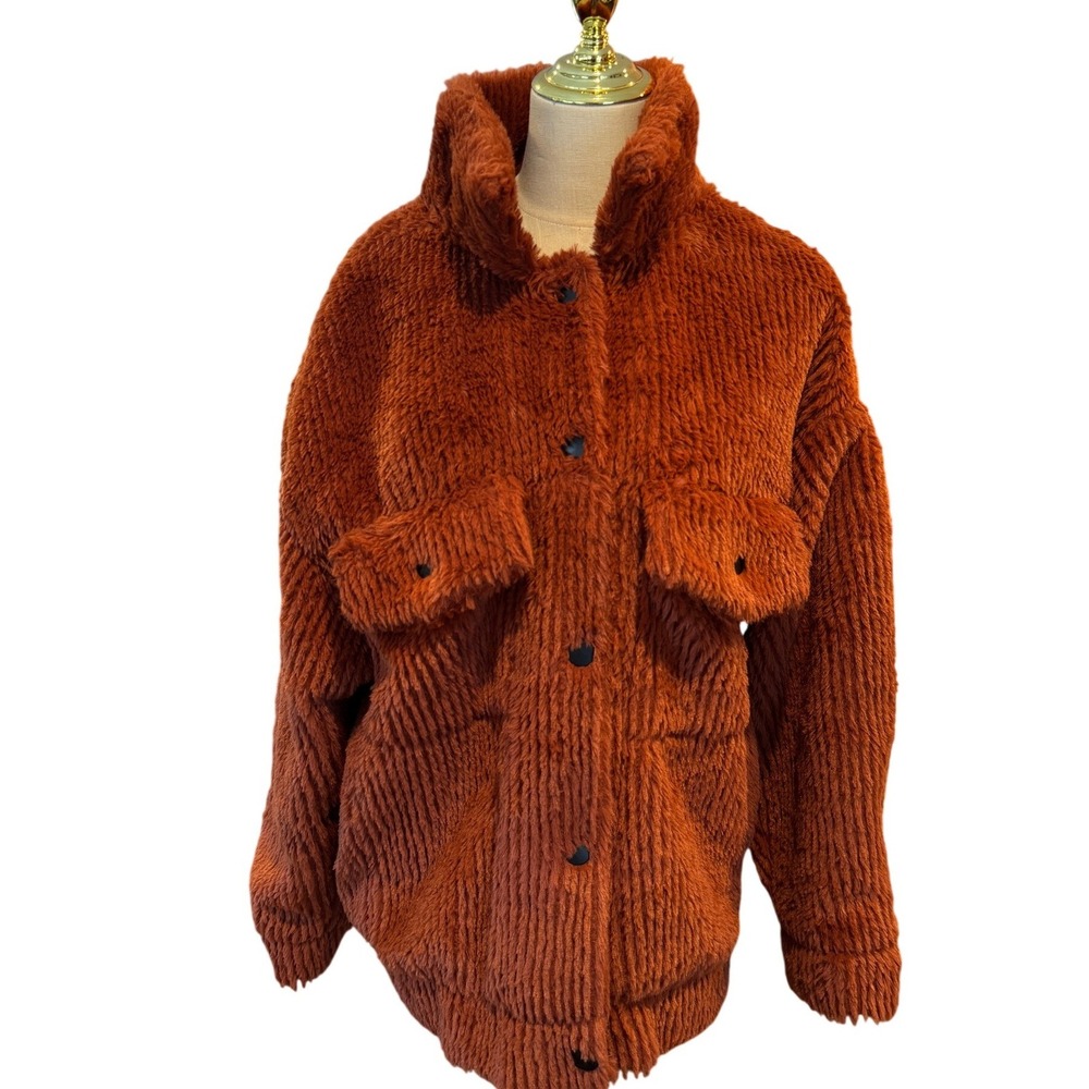 Hazel Boutique Burnt Orange Faux Fur Shaggy Teddy Jacket Rust‎ womens L